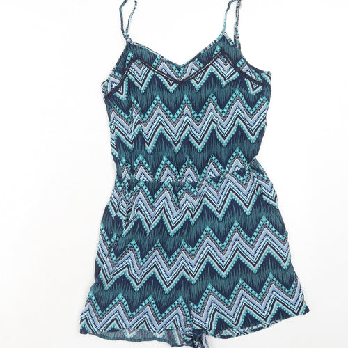 H&M Womens Blue Geometric Viscose Playsuit One-Piece Size 10 Pullover