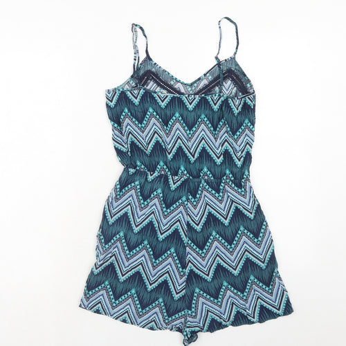 H&M Womens Blue Geometric Viscose Playsuit One-Piece Size 10 Pullover