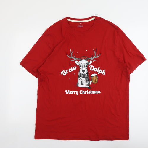Marks and Spencer Mens Red Cotton T-Shirt Size L Round Neck - Merry Christmas Brew-Dolph Reindeer