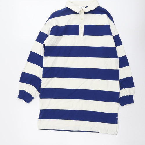 Marks and Spencer Girls Blue Striped Cotton Pullover Sweatshirt Size 9-10 Years Button