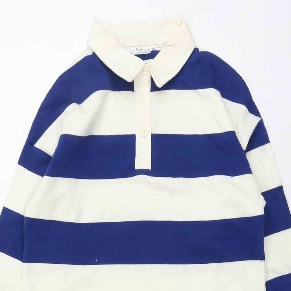 Marks and Spencer Girls Blue Striped Cotton Pullover Sweatshirt Size 8-9 Years Button