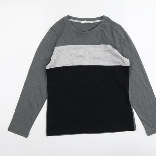 Marks and Spencer Boys Grey Colourblock Cotton Basic T-Shirt Size 9-10 Years Round Neck Pullover