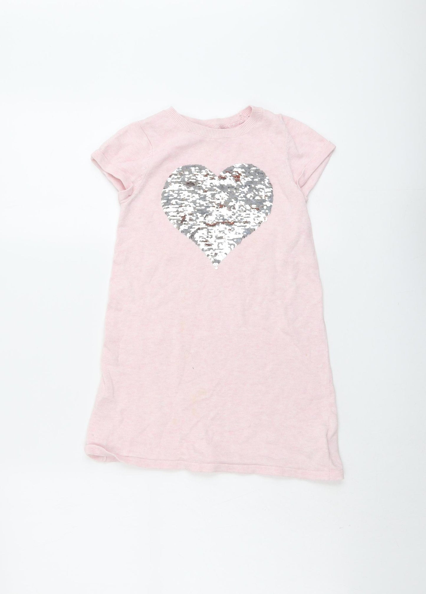 H&M Girls Pink Cotton T-Shirt Dress Size 5-6 Years Round Neck Pullover - Sequin Heart Print