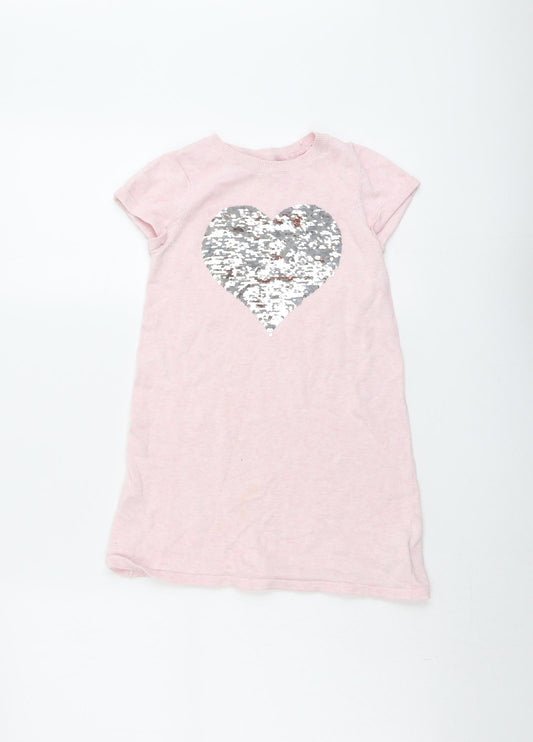 H&M Girls Pink Cotton T-Shirt Dress Size 5-6 Years Round Neck Pullover - Sequin Heart Print