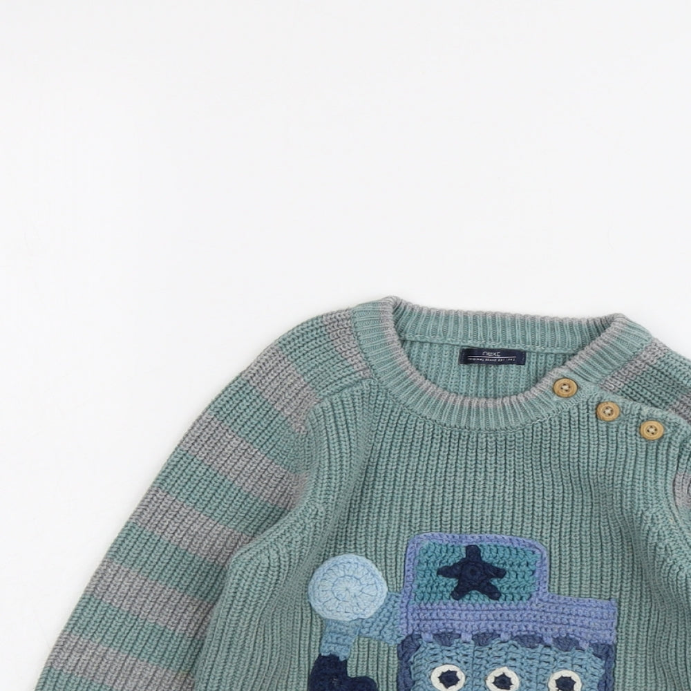 NEXT Boys Green Round Neck Striped Cotton Pullover Jumper Size 2-3 Years Pullover - Digger