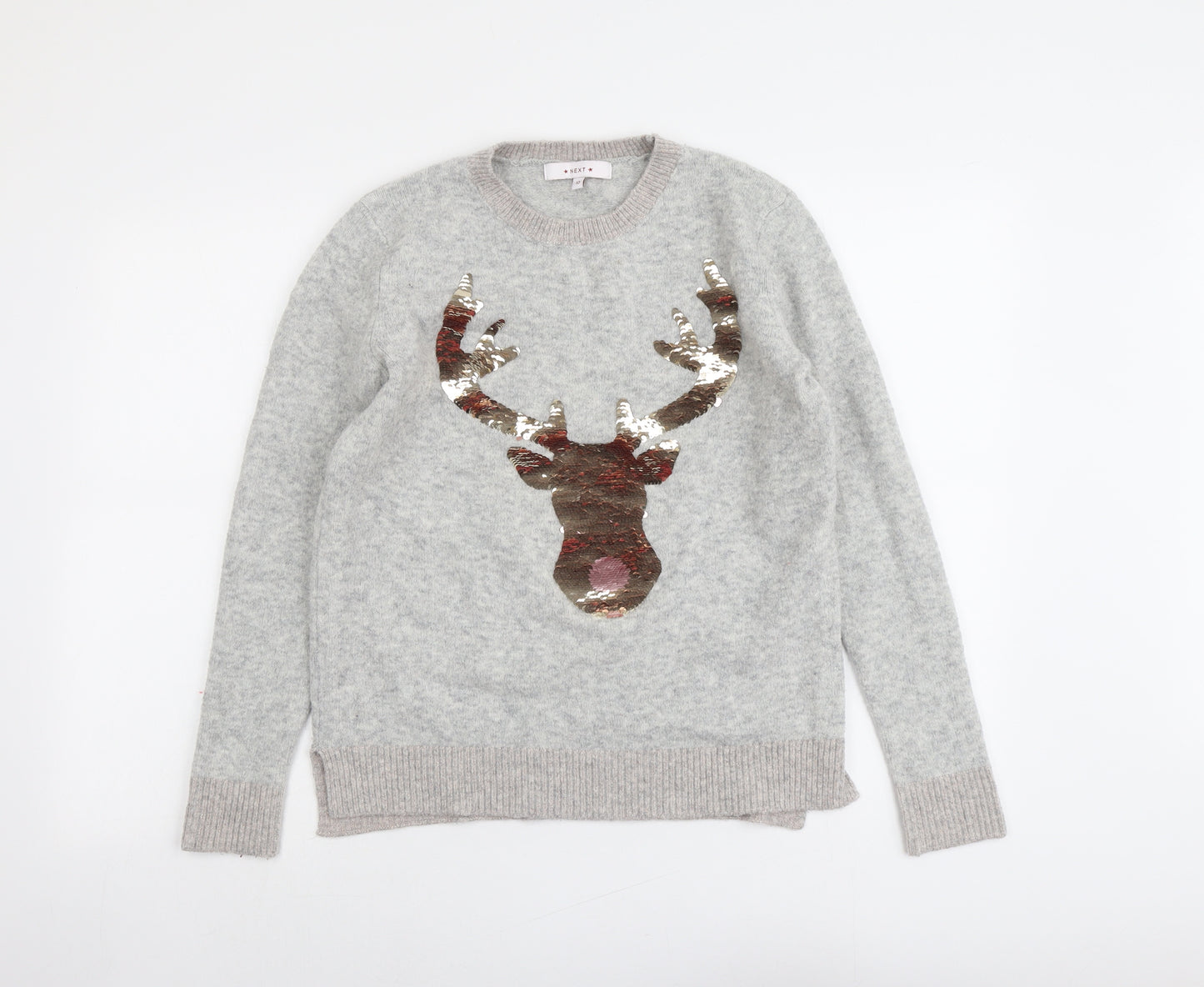 NEXT Womens Grey Round Neck Acrylic Pullover Jumper Size 10 - Reindeer Christmas