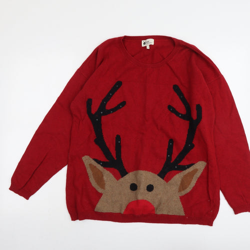 NEXT Womens Red Round Neck Cotton Pullover Jumper Size 16 - Reindeer Christmas