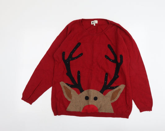 NEXT Womens Red Round Neck Cotton Pullover Jumper Size 16 - Reindeer Christmas