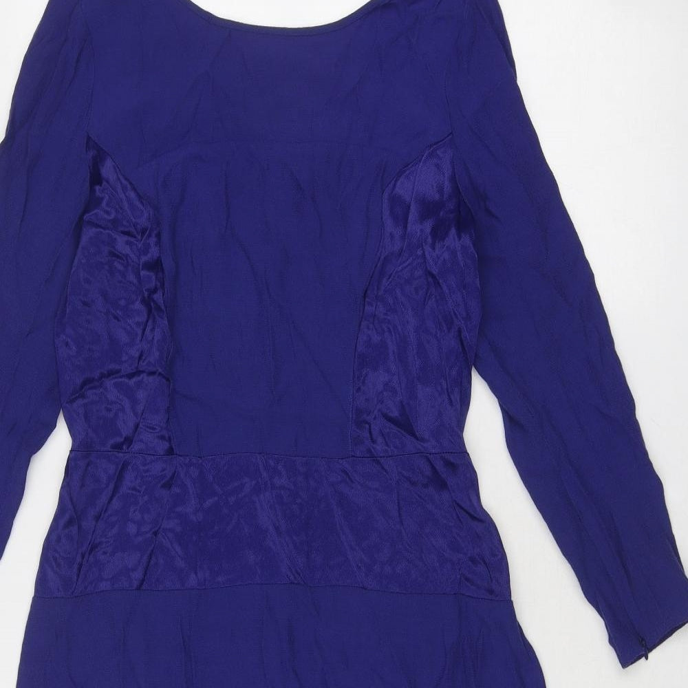 Marks and Spencer Womens Blue Viscose Trapeze & Swing Size 10 Round Neck Zip - Zipped cuff detail