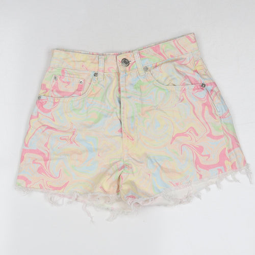 Zara Womens Multicoloured Geometric Cotton Mom Shorts Size 6 Regular Button - Paint Swirl