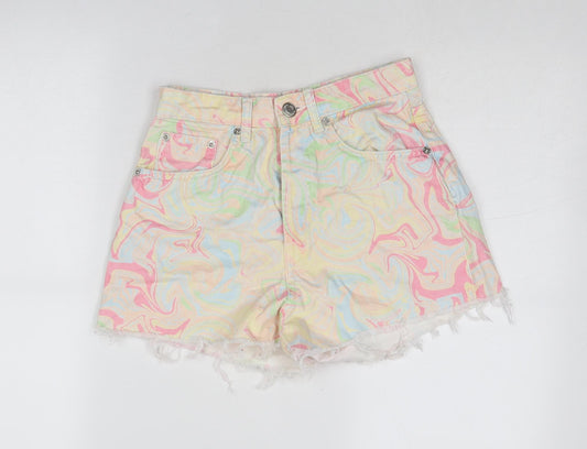 Zara Womens Multicoloured Geometric Cotton Mom Shorts Size 6 Regular Button - Paint Swirl