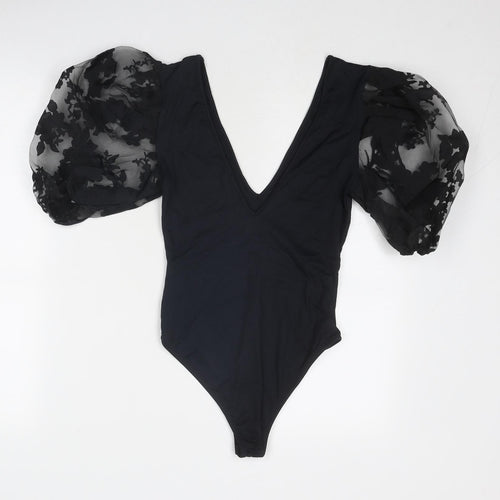 Zara Womens Black Viscose Bodysuit One-Piece Size S Snap - Sheer Sleeves