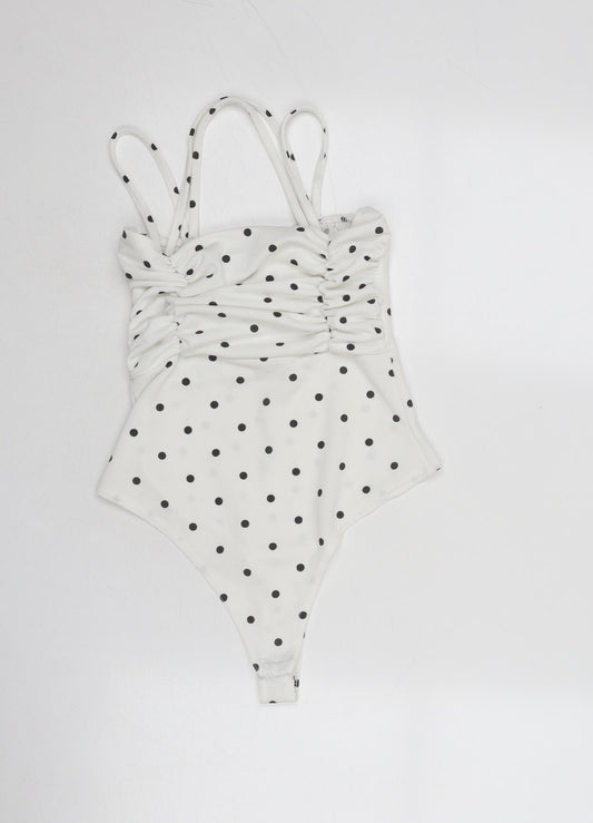 PRETTYLITTLETHING Womens White Polka Dot Polyester Bodysuit One-Piece Size 6 Snap