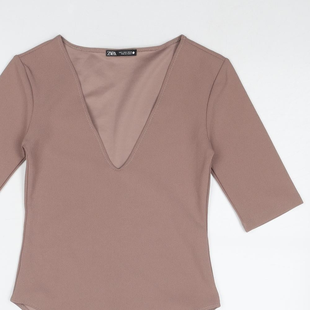 Zara Womens Brown Polyester Bodysuit One-Piece Size S Snap