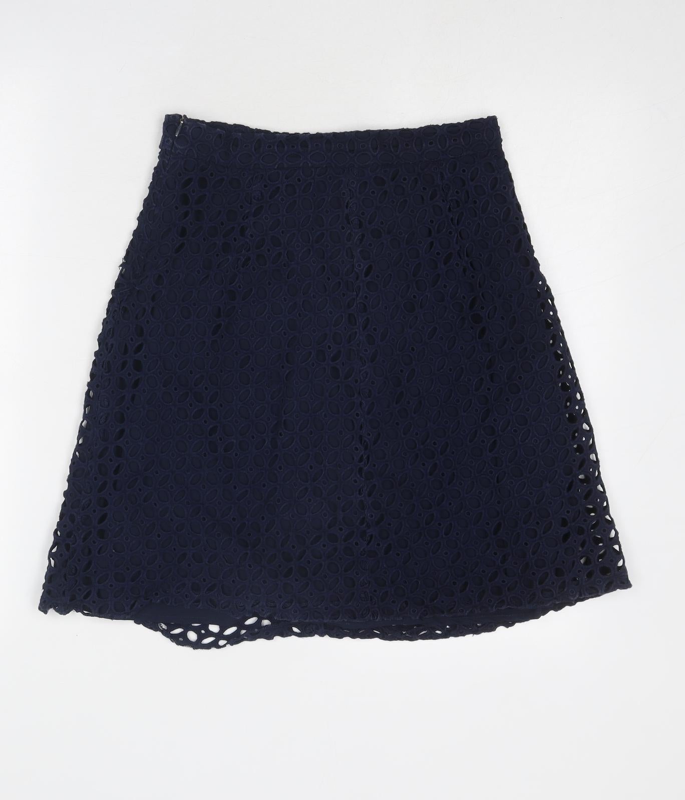 Zara Womens Blue Geometric Cotton Swing Skirt Size M Zip