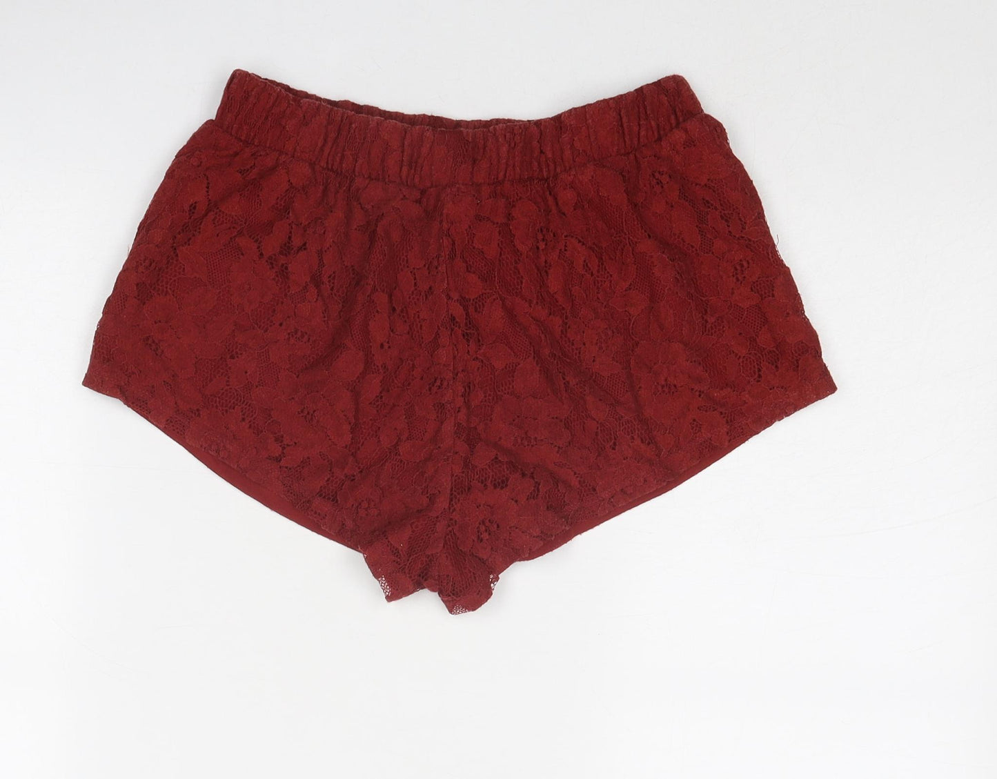 FOREVER 21 Womens Red Floral Cotton Hot Pants Shorts Size XS Regular Pull On - Lace Overlay