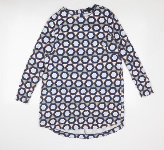 H&M Womens Blue Geometric Cotton A-Line Size M Round Neck Zip