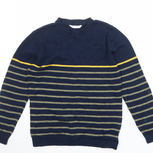Marks and Spencer Boys Blue Crew Neck Striped 100% Cotton Pullover Jumper Size 10-11 Years Pullover
