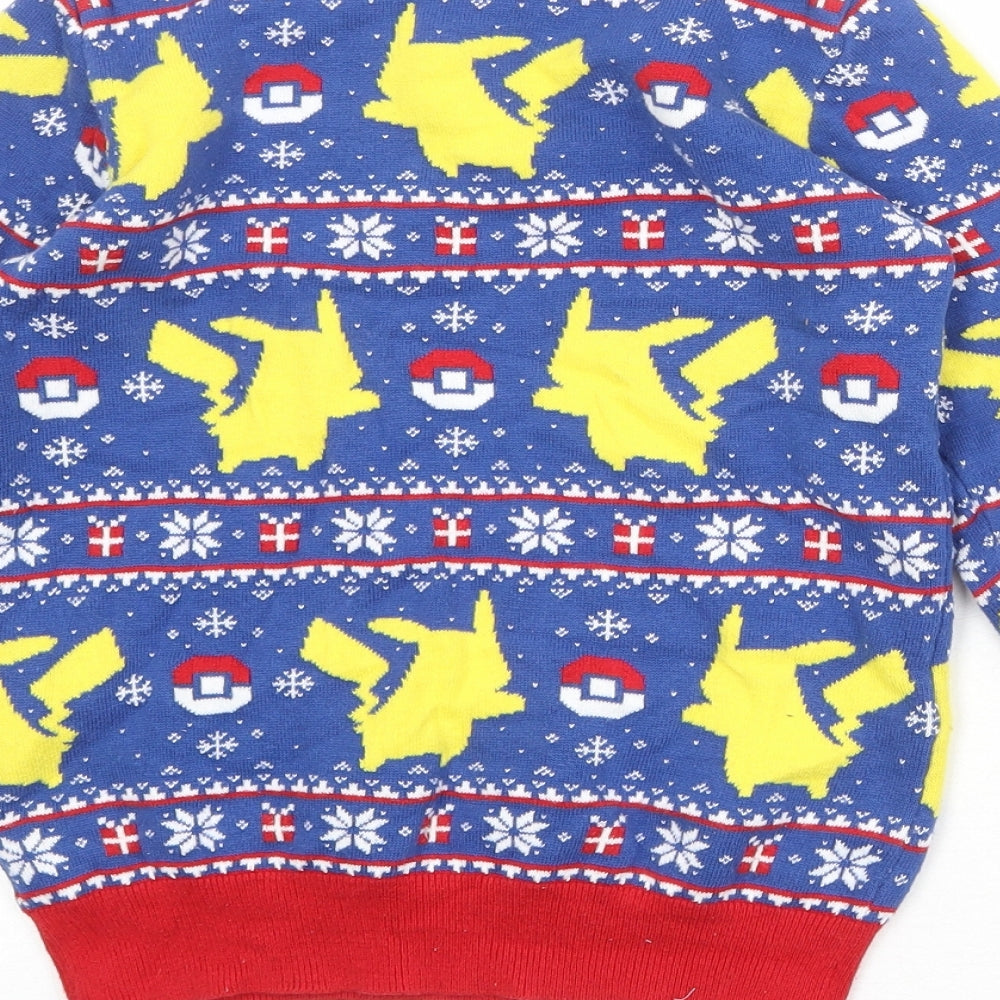 Pokemon Boys Blue Crew Neck Geometric 100% Cotton Pullover Jumper Size 9 Years Pullover - Pikachu