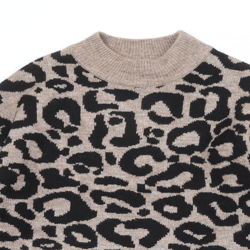 New Look Womens Brown High Neck Animal Print Acrylic Pullover Jumper Size S - Leopard Pattern