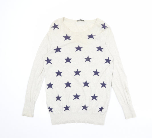 Oasis Womens Beige Round Neck Geometric 100% Cotton Pullover Jumper Size XS - Star Pattern