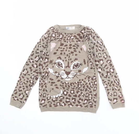 H&M Girls Brown Roll Neck Animal Print Cotton Pullover Jumper Size 4-5 Years Pullover - Leopard Pattern 4-6 Years