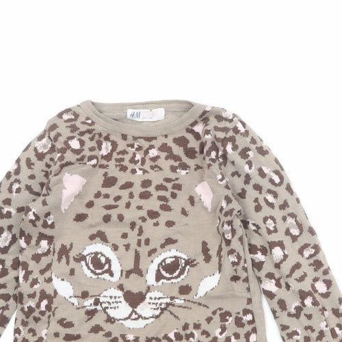 H&M Girls Brown Roll Neck Animal Print Cotton Pullover Jumper Size 4-5 Years Pullover - Leopard Pattern 4-6 Years