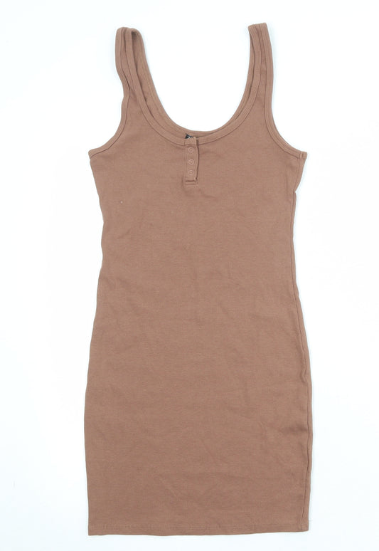 Zara Womens Brown Polyester Tank Dress Size M Round Neck Snap