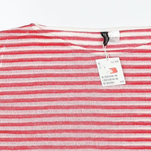 H&M Womens Red Round Neck Striped Acrylic Pullover Jumper Size L Pullover