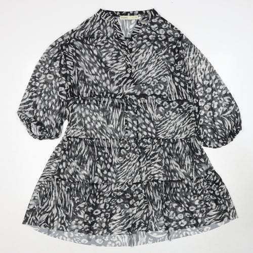 Oasis Womens Black Animal Print Polyester A-Line Size S V-Neck Drawstring - Sheer