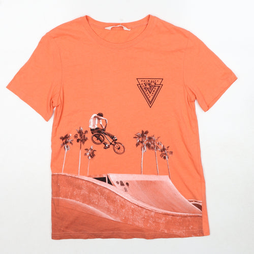 H&M Boys Orange Cotton Basic T-Shirt Size 11-12 Years Round Neck Pullover - BMX
