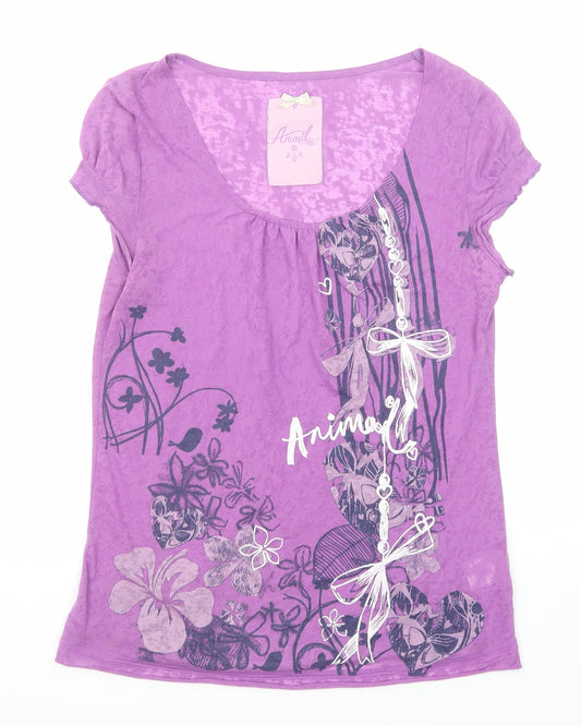 Animal Womens Purple Polyester Basic T-Shirt Size 12 Scoop Neck