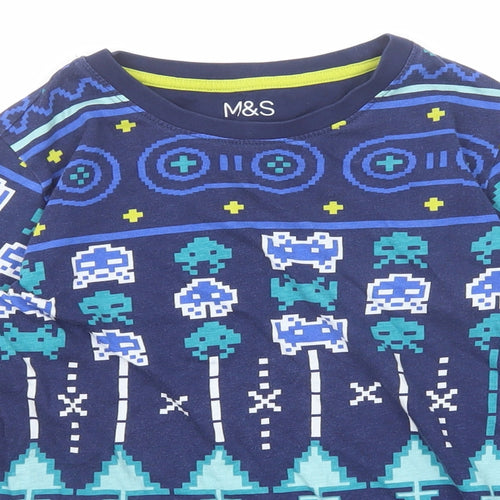 Marks and Spencer Boys Blue Geometric Cotton Basic T-Shirt Size 10-11 Years Round Neck Pullover - Game Mode