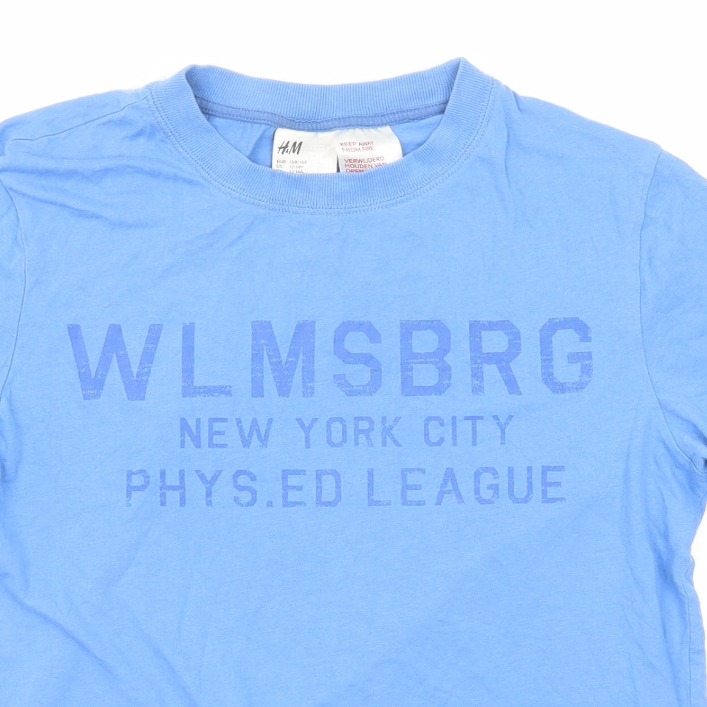 H&M Boys Blue Cotton Basic T-Shirt Size 13-14 Years Round Neck Pullover - New York City