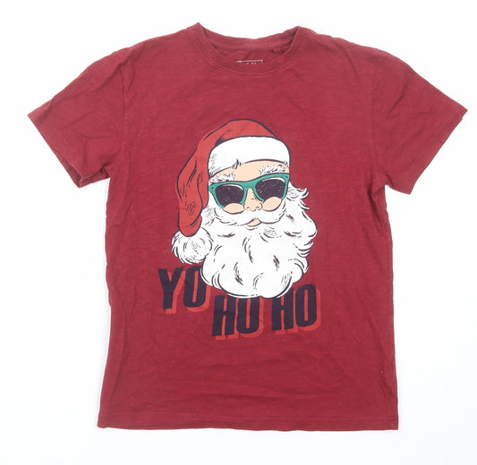 NEXT Boys Red Cotton Basic T-Shirt Size 11 Years Roll Neck Pullover - YO HO HO Santa Claus