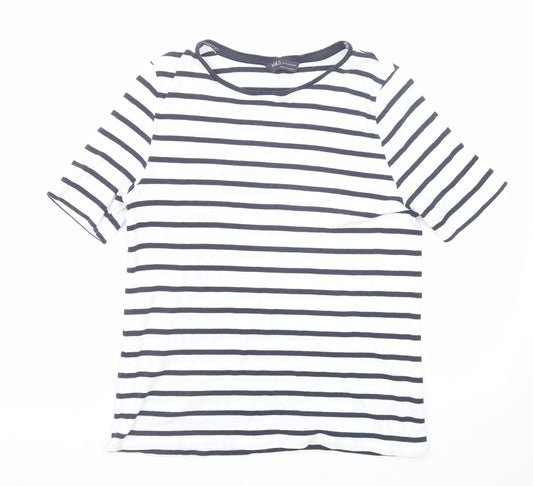 Marks and Spencer Womens Blue Striped Cotton Basic T-Shirt Size 14 Boat Neck