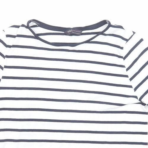 Marks and Spencer Womens Blue Striped Cotton Basic T-Shirt Size 14 Boat Neck