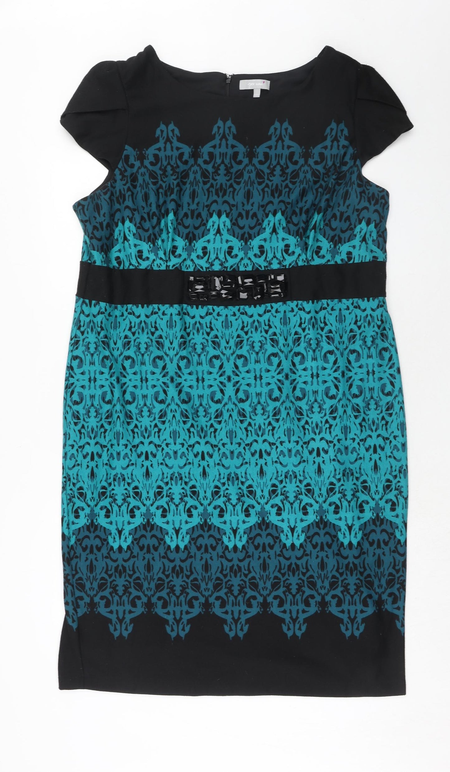 Per Una Womens Blue Geometric Polyester A-Line Size 22 Round Neck Zip