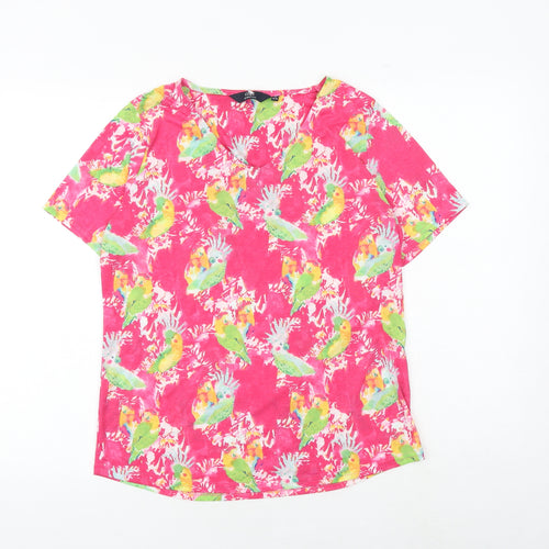 EWM Womens Pink Geometric Polyester Basic T-Shirt Size M V-Neck - Parrot Print