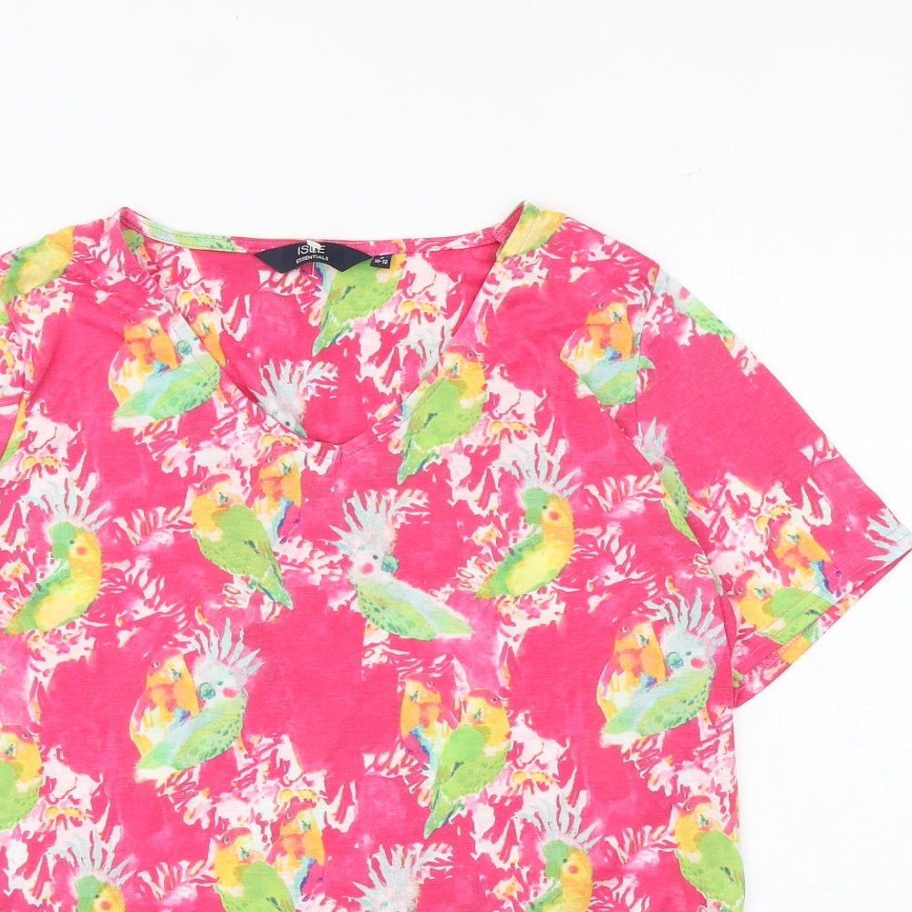 EWM Womens Pink Geometric Polyester Basic T-Shirt Size M V-Neck - Parrot Print