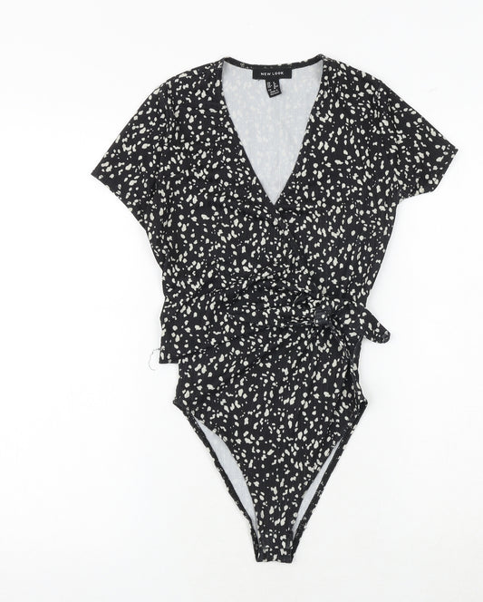 New Look Womens Black Animal Print Polyester Bodysuit One-Piece Size 8 Snap - Tie Front Detail