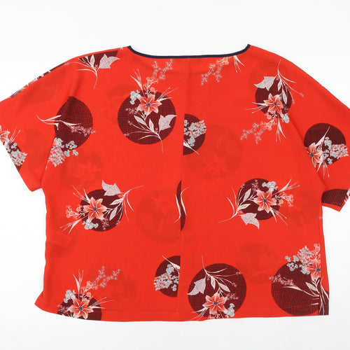 Marks and Spencer Womens Red Floral Polyester Basic Blouse Size 18 Boat Neck - Contrasting Trim