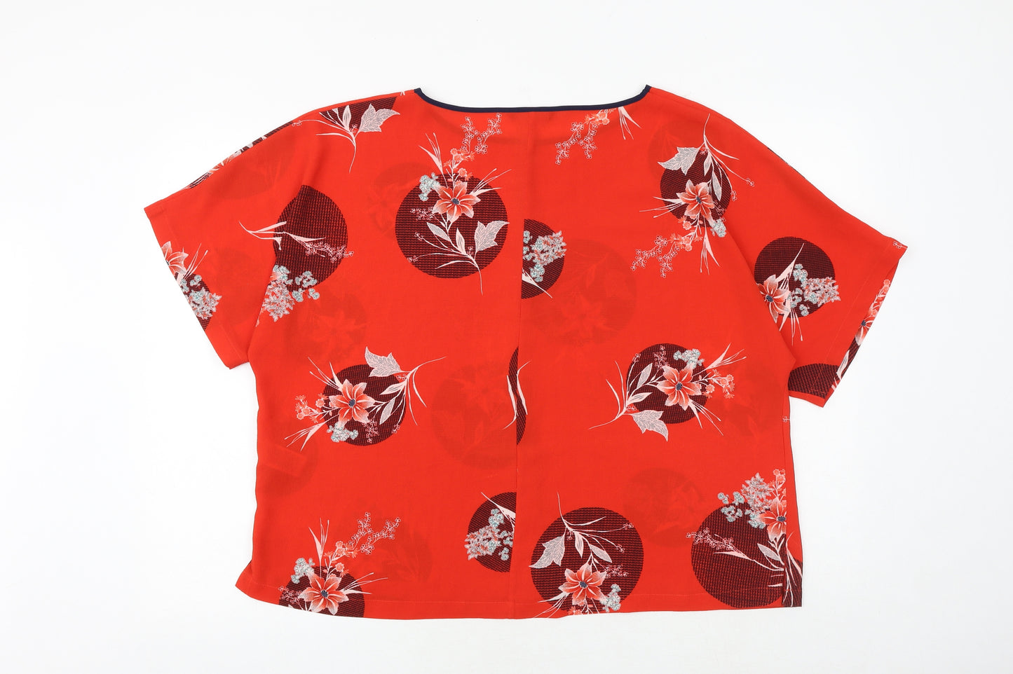 Marks and Spencer Womens Red Floral Polyester Basic Blouse Size 18 Boat Neck - Contrasting Trim