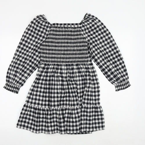 Marks and Spencer Girls Black Check Polyester A-Line Size 9-10 Years Square Neck Pullover - Shirred Back