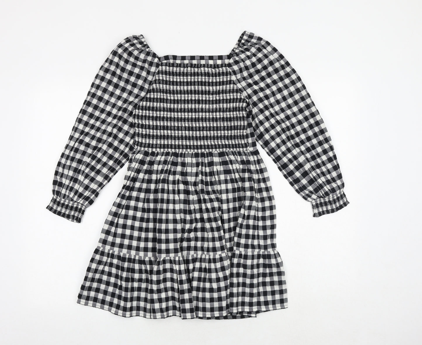 Marks and Spencer Girls Black Check Polyester A-Line Size 9-10 Years Square Neck Pullover - Shirred Back