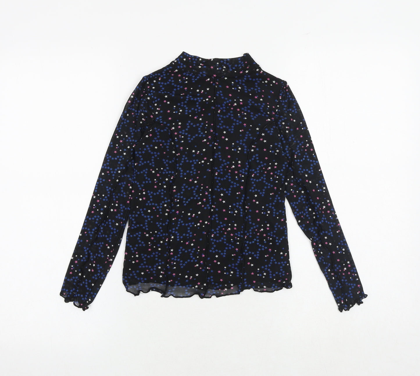 Marks and Spencer Girls Black Geometric Polyester Basic Blouse Size 7-8 Years Mock Neck Pullover - Star Print
