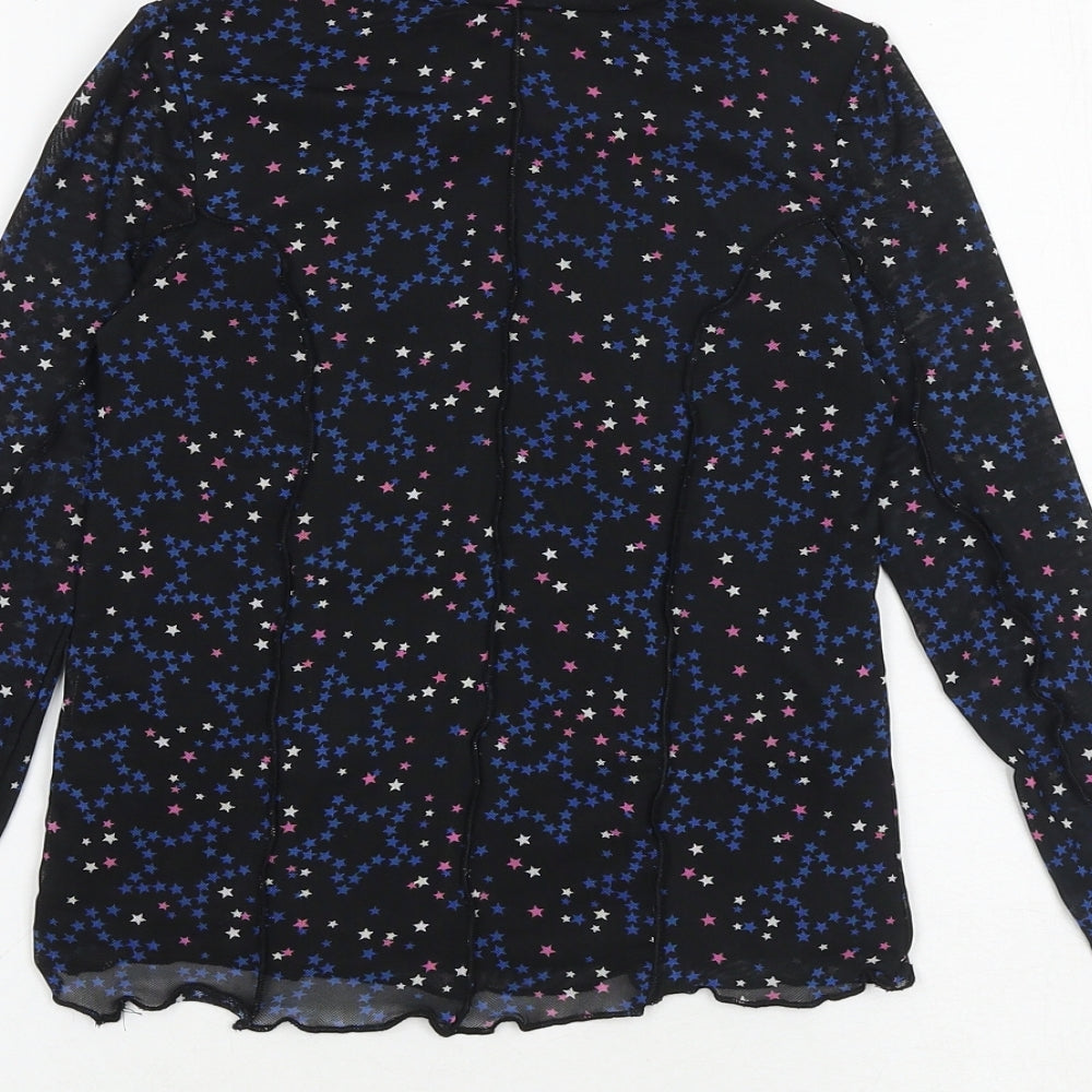 Marks and Spencer Girls Black Geometric Polyester Basic Blouse Size 7-8 Years Mock Neck Pullover - Star Print