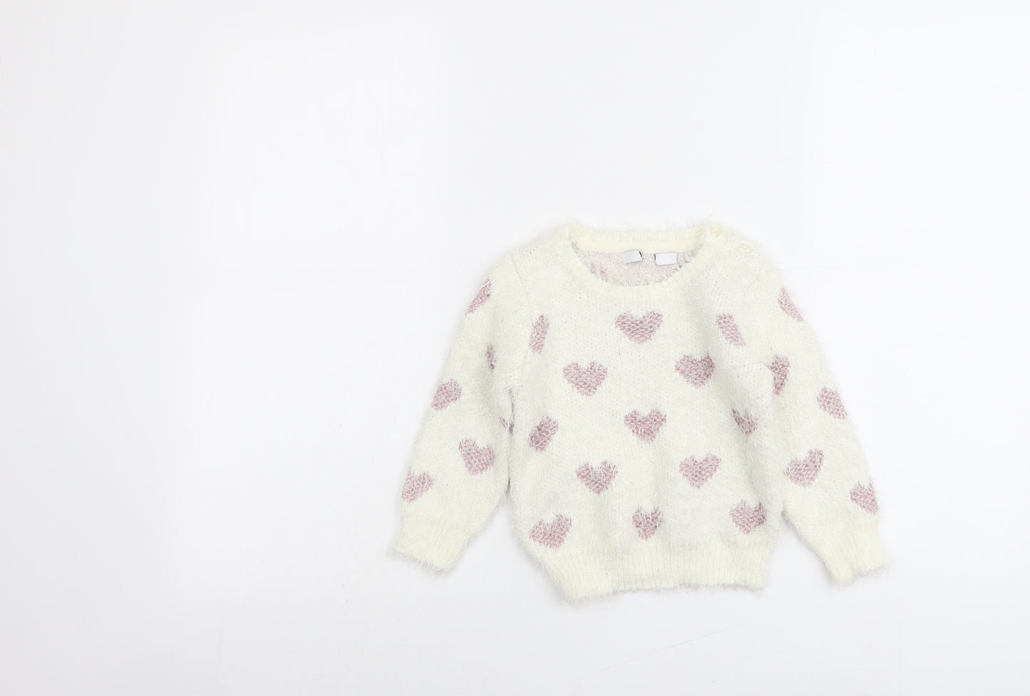 Marks and Spencer Girls Ivory Round Neck Geometric Polyester Pullover Jumper Size 2 Years Pullover - Heart