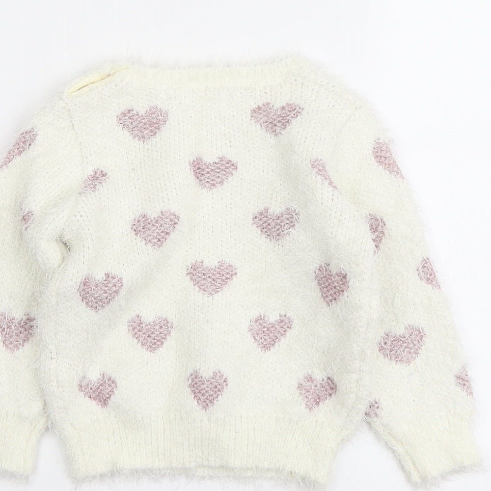 Marks and Spencer Girls Ivory Round Neck Geometric Polyester Pullover Jumper Size 2 Years Pullover - Heart