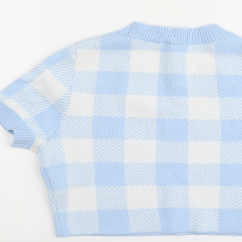 H&M Womens Blue Round Neck Check Acrylic Pullover Jumper Size S - Cropped